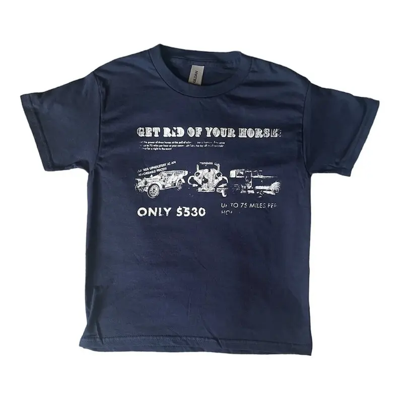 Handmade, hand screen printed Navy Blue Baby Tee fit, Vintage Car Print, Y2K Inspired, Retro Screen Printed Shirt