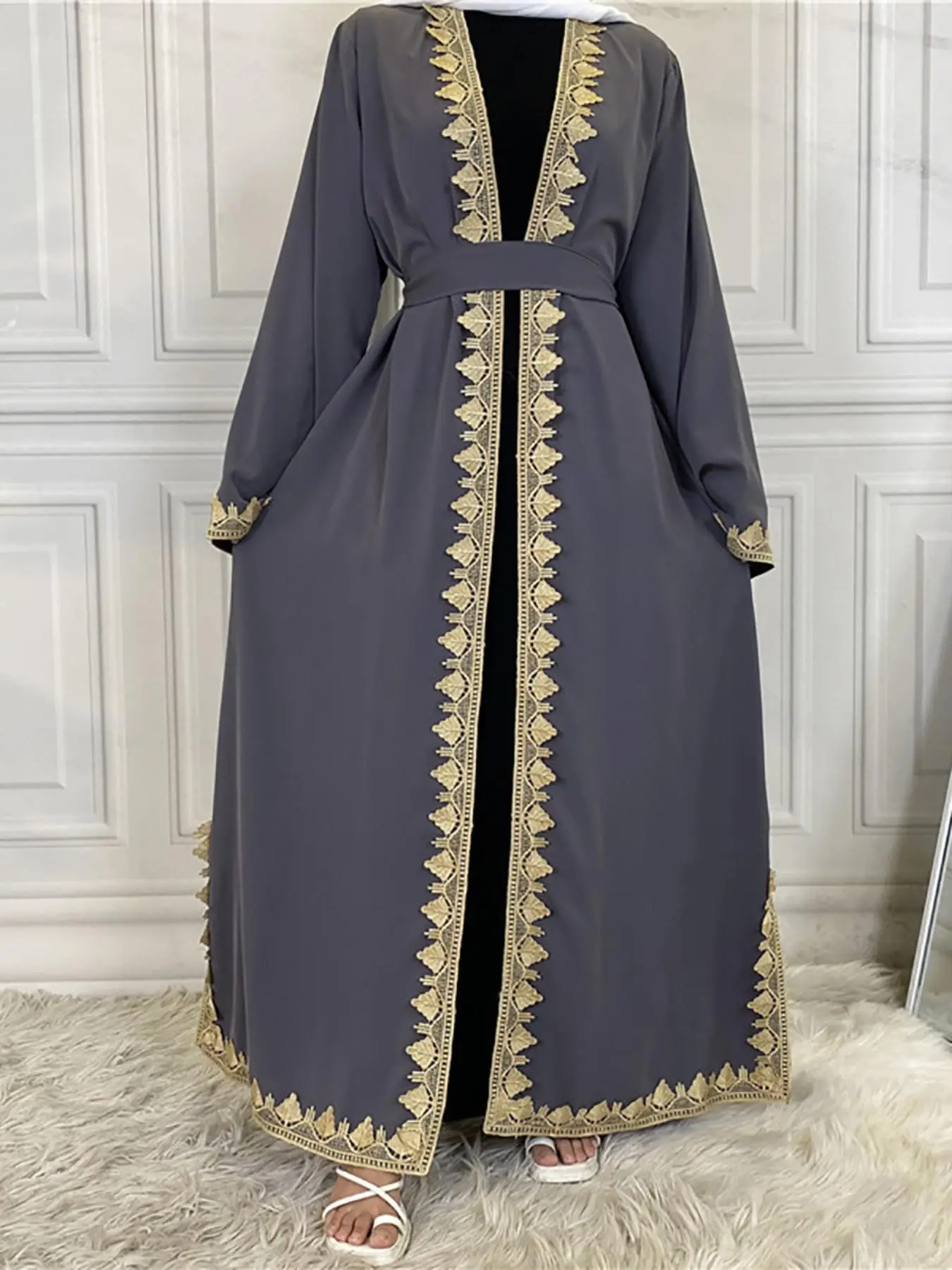 Women's Embroidery Belted Long Abaya, Modest Long Sleeve Open Front Abaya for Spring & Fall, Women's Islamic Clothing for Daily Wear