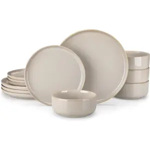 PLAYA Plates and Bowls Sets,12 Pieces Grey Dinnerware Sets for Kitchen,Reactive Glaze Dishes Set for 4,Dishwasher and Microwave Safe