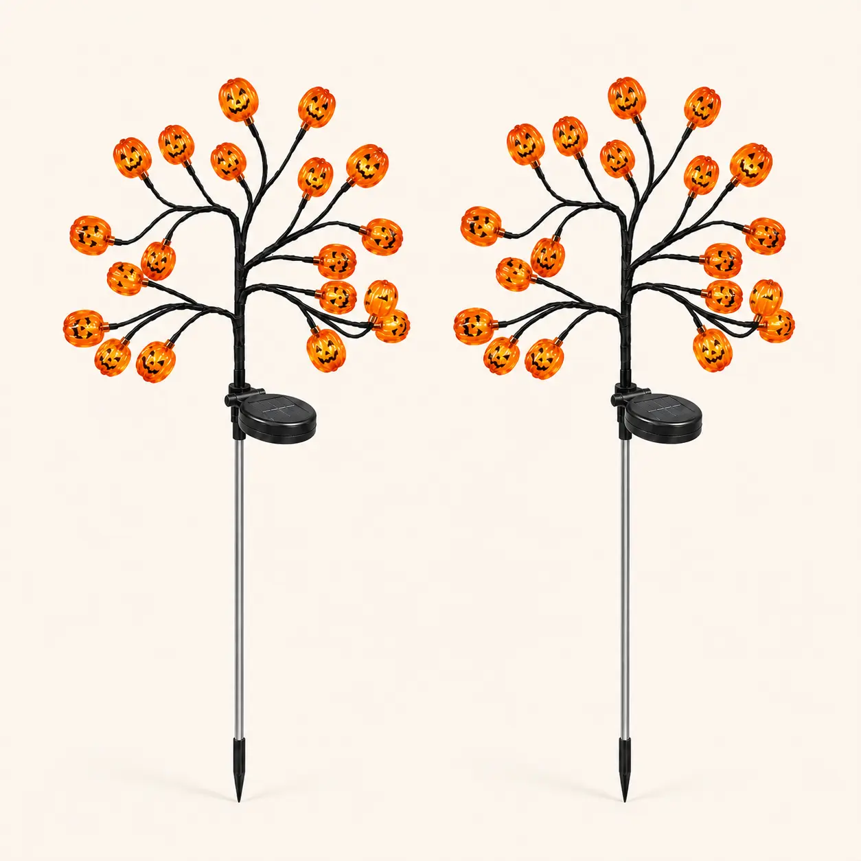 Solar Halloween Pumpkin Tree Stake Lights, 20 Orange Jack-O’-Lantern Heads per Stake, Flexible Branches, Solar Powered with Steady & Flashing Modes, Outdoor Fall Yard Decor, 2/4/8 Stakes