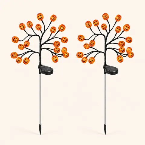 Solar-Powered Spooky Halloween Pumpkin Tree Stake Lights Set, Plastic 20-Head Orange Jack-O’-Lantern Ornaments, Flexible Branches, Auto-On/Off, Steady & Flashing Modes, Outdoor Fall Yard Decor (Multiple Packs: 2/4/8 Count)