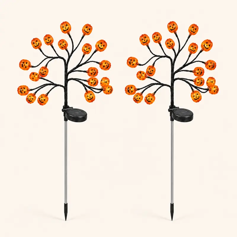 Solar-Powered Spooky Halloween Pumpkin Tree Stake Lights Set, Plastic 20-Head Orange Jack-O’-Lantern Ornaments, Flexible Branches, Auto-On/Off, Steady & Flashing Modes, Outdoor Fall Yard Decor (Multiple Packs: 2/4/8 Count)