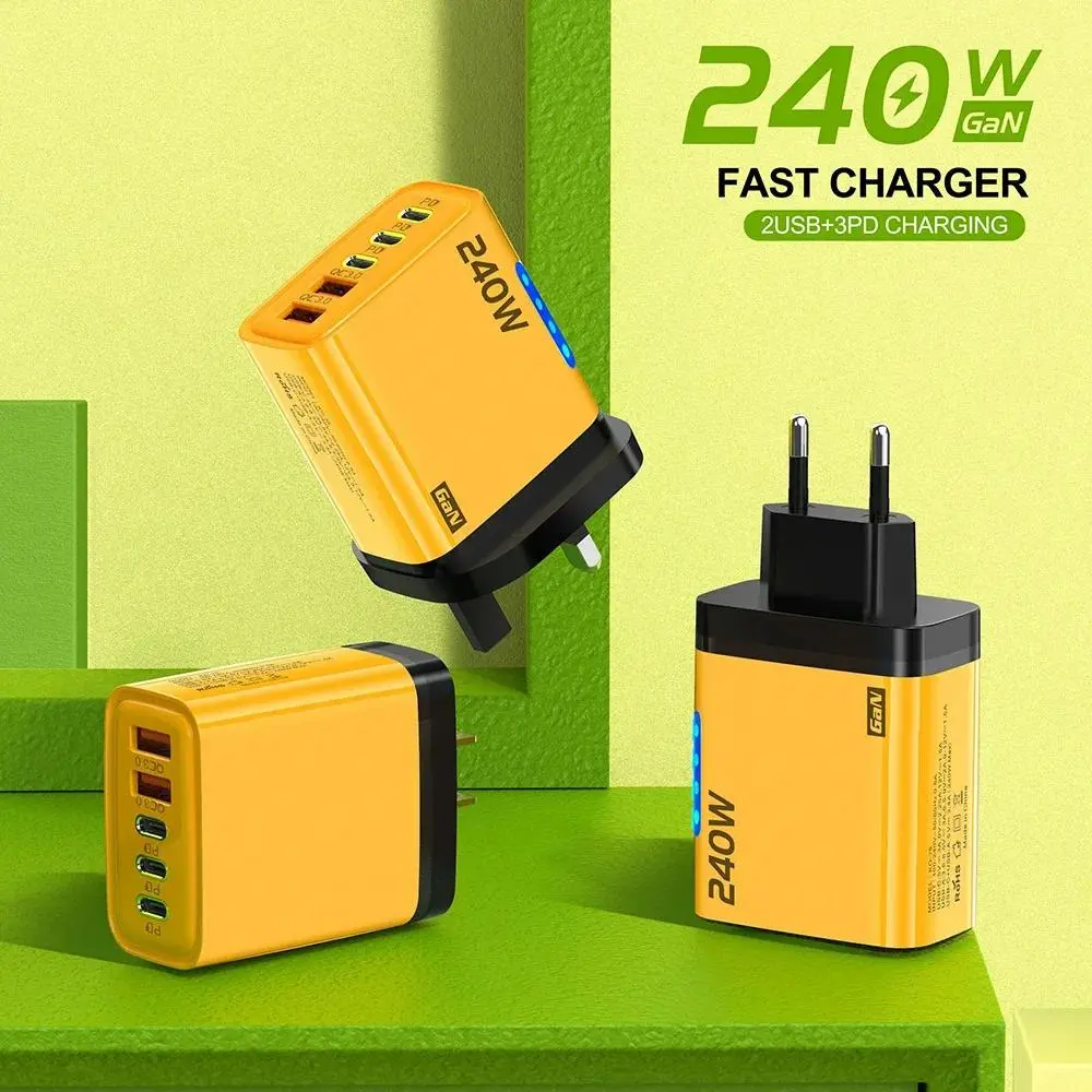 240W GaN 5 in 1 USB C Charger Fast Charging Phone Charger Power Adapter Type C US Plug Wall Charger Electronic Cellphone Compact Portable portable charger Smartphone Protection