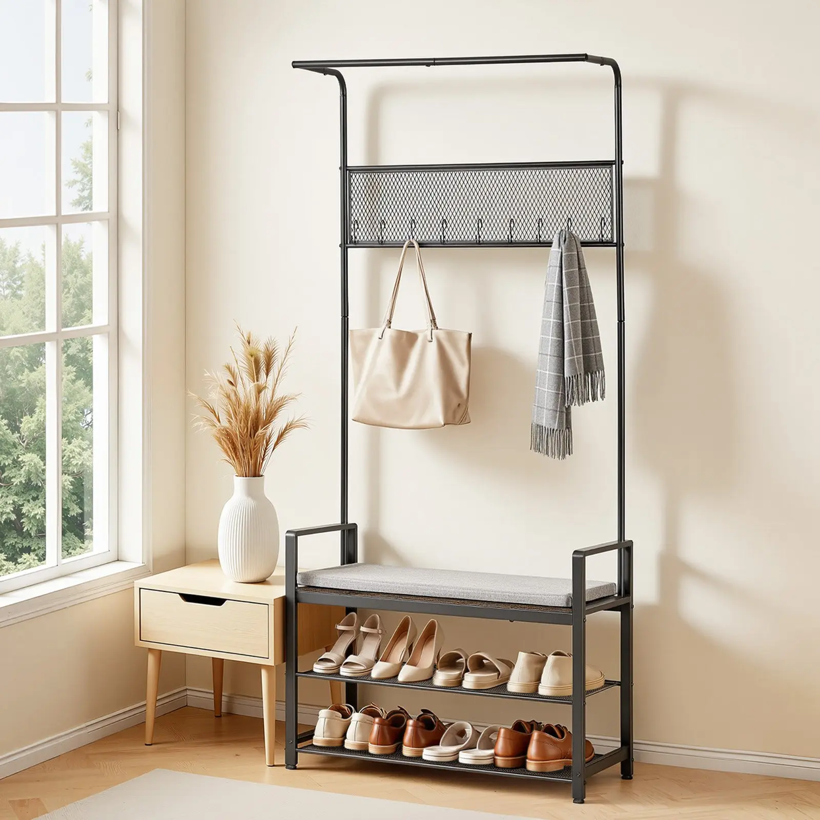 VEVOR Sturdy Hall Tree - 72 in Space-Saving Multi-Zone Clothes Coat Rack with Single-Seat Shoe Bench, Neutral Understated Freestanding Organizer, Hooks, Hanging Rod, Adjustable Wire Shelf, Steel Frame for Entry, Bedroom