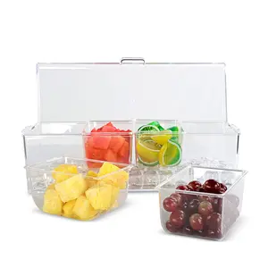 5 Compartments Clear Condiment Server with 5 Forks & 2 Clips – Ice Cooled Fruit, Salad, Snack Tray, Party Buffet, Home, Restaurant, Kitchen Organizer, Stackable, Portable, Reusable, Transparent Plastic Food Display