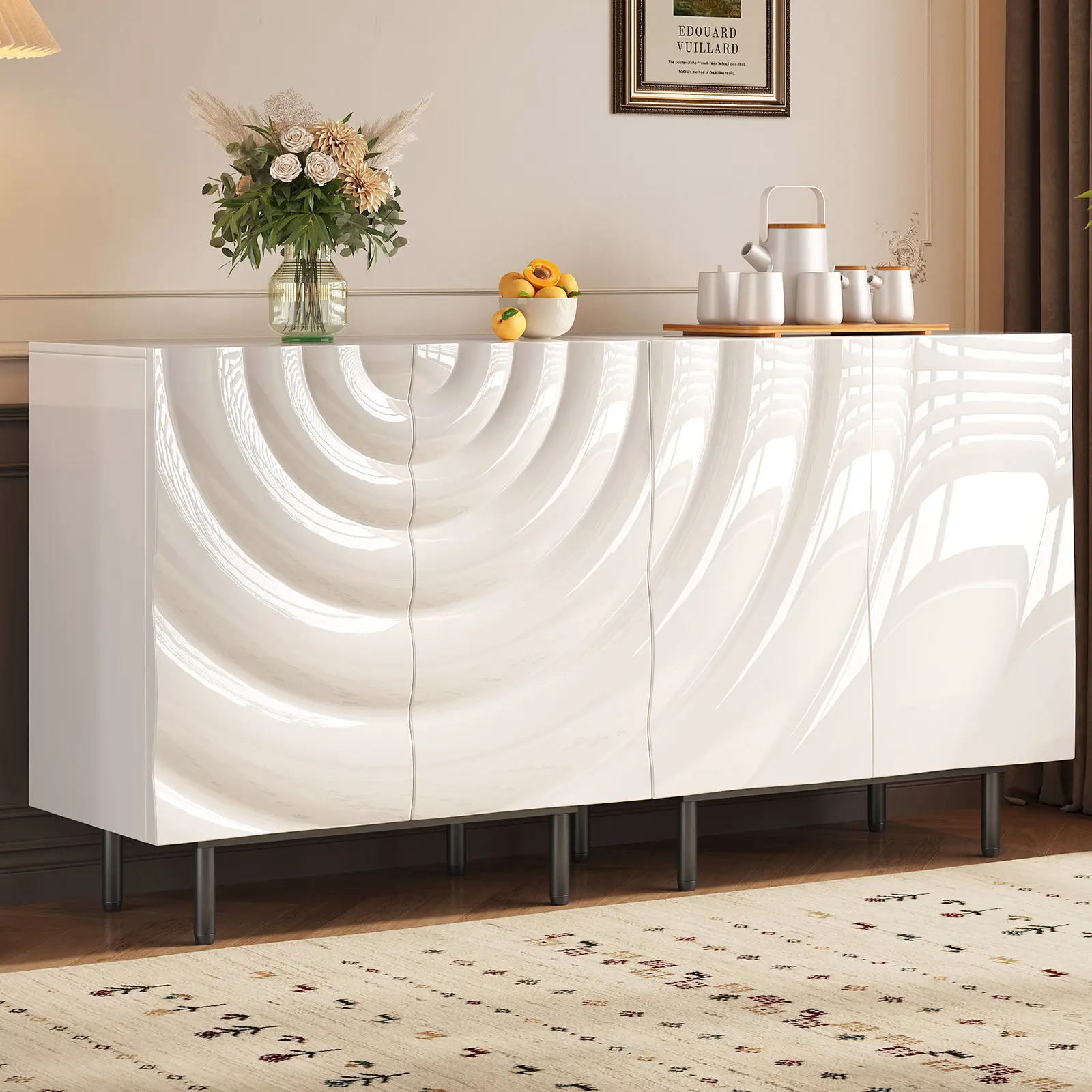 Guyii Glossy White 2-Piece Sideboard Set 63.07" Wide Storage Cabinet with 8 Hidden Compartments Modern Free Standing for Entryway Living Room Kitchen Bedroom