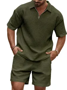 Two-Piece Set Men's Regular Fit Jacquard Patchwork Print Polo Shirt & Shorts, Casual Plain Short Sleeve Top & Shorts, Men's Summer Outfits Clothes