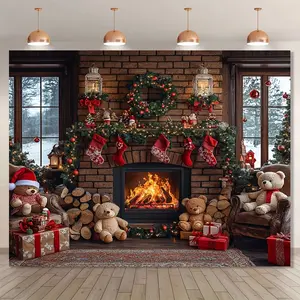 Winter Christmas Stockings Fireplace Background Banners - Winter Snow Scene With Xmas Tree And Teddy Bears, Multi-Sizes, Suitable Gifts, Ideal Birthday Parties, Theme Parties, Home Bedroom Decorations, Indoor And Outdoor Decorations