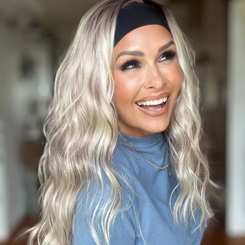 Maya by AISOM Water Wave Highlight Blonde Headband Wig for Women Heat Friendly Synthetic Wig 20 Inches Low Density Wear Go Wig