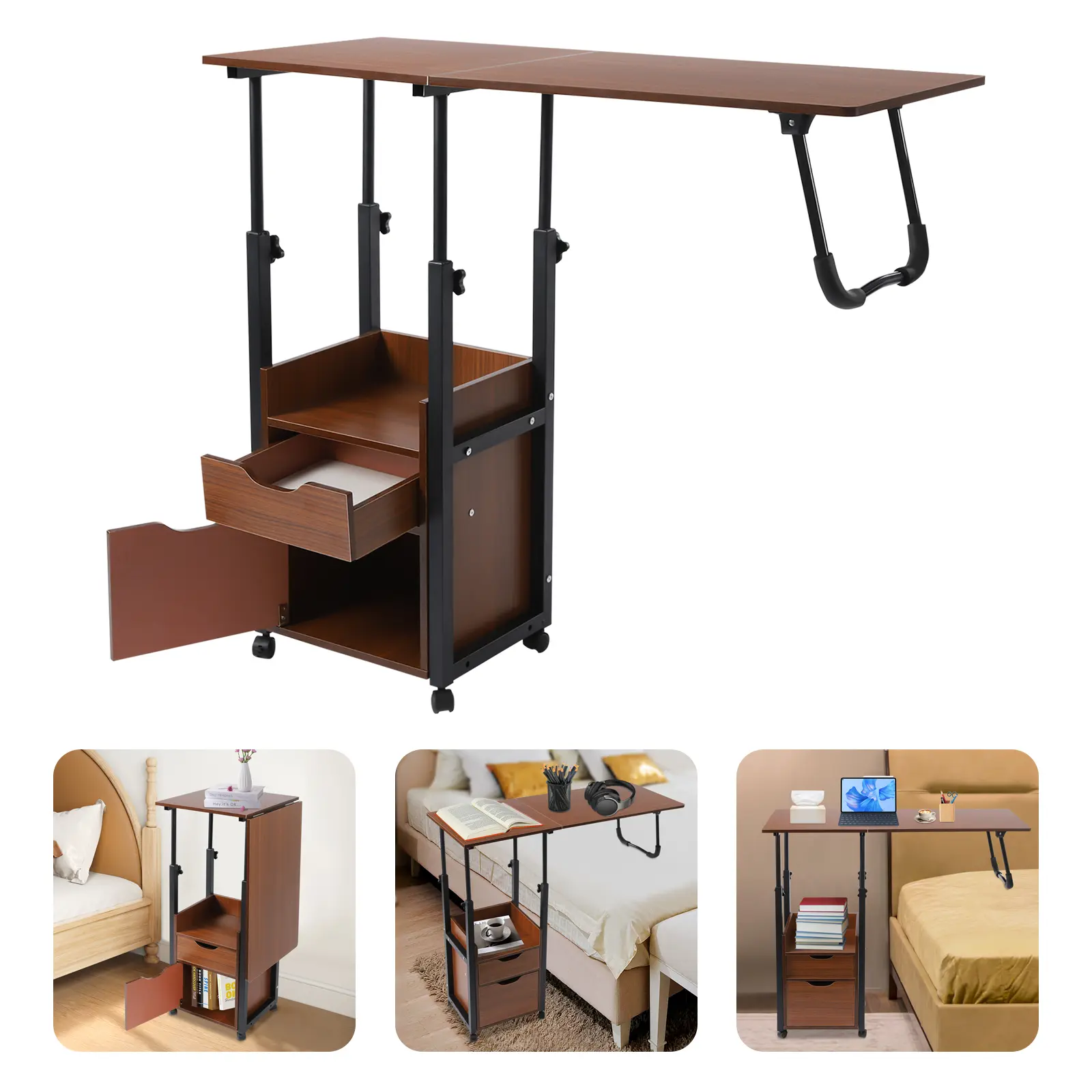 Brushed Black Oak & Black Frame Wheeled Nightstand with Drawers - Multi-Function, Adjustable, Foldable, Cabinet-Equipped Modern Minimalist Mobile Home Laptop Desk Bedside Table