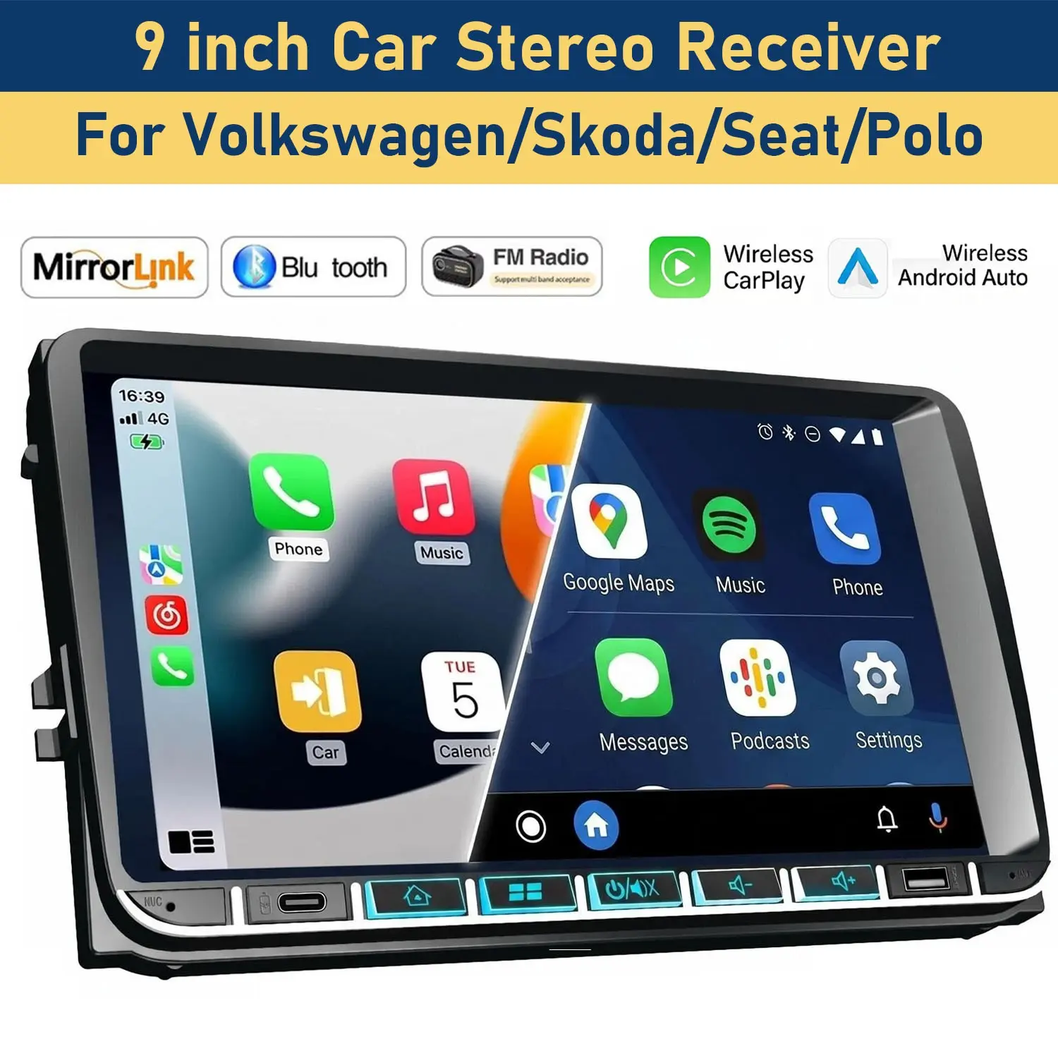 9 Inch 2din Touchscreen Car Stereo, Wireless Carplay Android Auto, Seamless Integration, High Definition Display, Volkswagen, Seat, Polo Specific, ABS Enclosure, In-Car Entertainment System