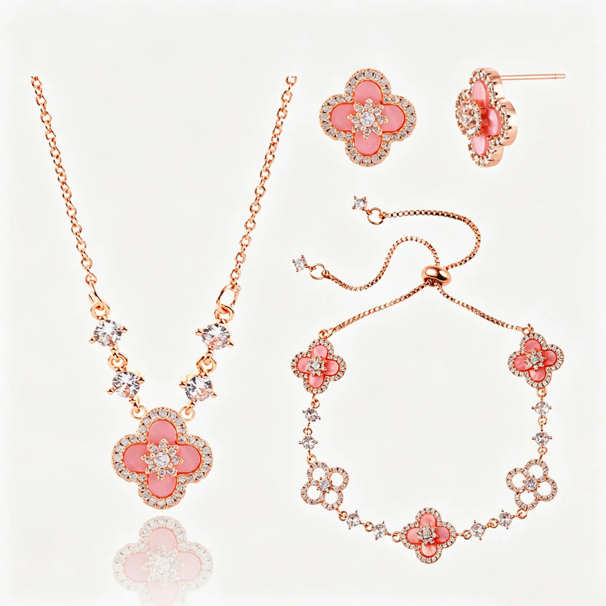 Pink Four Leaf Clover Jewelry Set for Women, Rose Gold Plated Pink Shell Clover Earrings Necklace Bracelet 3 Pcs Jewelry Set, Elegant Sparkling Crystal Accessory for Daily Party Wedding Gift for Her