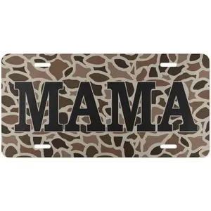 Old School Camo Text Aluminum Front License Plate, 6x12 in Standard Size Vanity Tag - Easy Mount for Truck, SUV - Thoughtful Gift for Mama