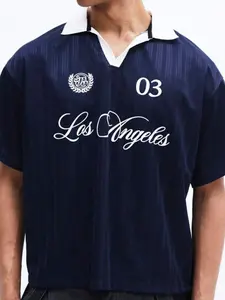1pc Men's Vintage Sporty Polo Shirt Striped Texture V Neck Oversized Jersey Top Los Angeles Print Navy White