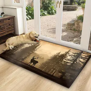 1pc HKStorage Cabin Deer Pattern Anti-Slip Washable Door Mat - Durable Polyester Outdoor/Indoor Entrance Mat with Forest Deer & Pine Tree Design, Hand Wash Only for Living Room, Kitchen, Balcony, Laundry Room, Courtyard - Rustic Home Decor