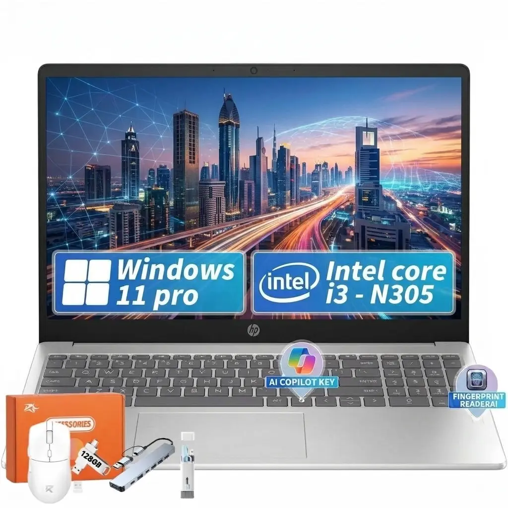 HP 15.6" FHD IPS Micro-Edge Anti-Glare Laptop, Intel i3-N305, 8GB RAM, 256GB SSD, Silver, FR ID, Fingerprint Reader, WIN 11 Pro, Business & Student Use, Cordless, Wi-Fi, USB 3.0, High-Definition Streaming, Computer, Speakers, Camera, Sd Card