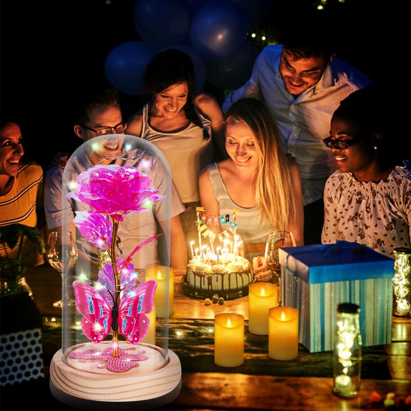 DEEMEI Birthday Gifts for Women Eternal Flower Light Up Galaxy Rose in Glass Dome with Butterfly Valentines Day Gifts for Her Mom Girlfriend Daughter