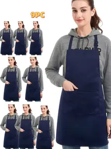 9-Piece Simple Apron Set, Waterproof Oil-Resistant, Adjustable Straps, Large Pockets for Phone & Tools, Home Kitchen Cooking BBQ, Waterproof Protection