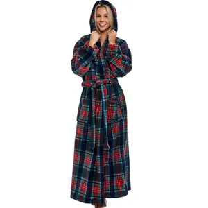 ADR Women's Robes, Long Plush Bathrobe, Womens Robe with Hood, Hooded Robes for Women Plus Size Robe Classic Tartan Plaid Blue XS
