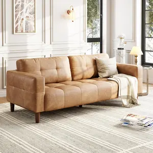 3-Seater Sofa Couch, 83" Wide Faux Leather Sofa Couch with Spring Cushion, Modern Sofa with Deep Seats and 2 Removable Back Cushions, for Living Room, Bedroom, Apartment, Office