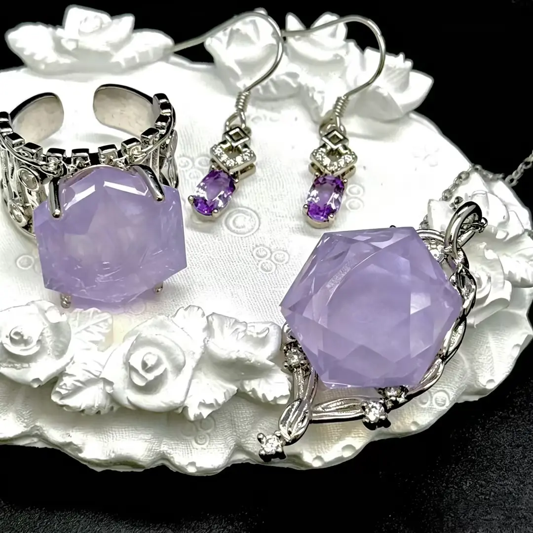 Hexagon Cut Lavender Opal Statement Set | Amethyst Drop Earrings + Open Ring + Necklace
