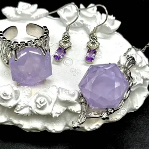 Hexagon Cut Lavender Opal Statement Set | Amethyst Drop Earrings + Open Ring + Necklace