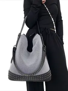 Ladies' fashionable and casual large capacity mesh splicing shoulder bag, rivet shoulder strap retro street style city bag bucket bag, simple mesh splicing crossbody bag, suitable for daily use and commuting Everyday Shoulder Bag Casual crossbody bags