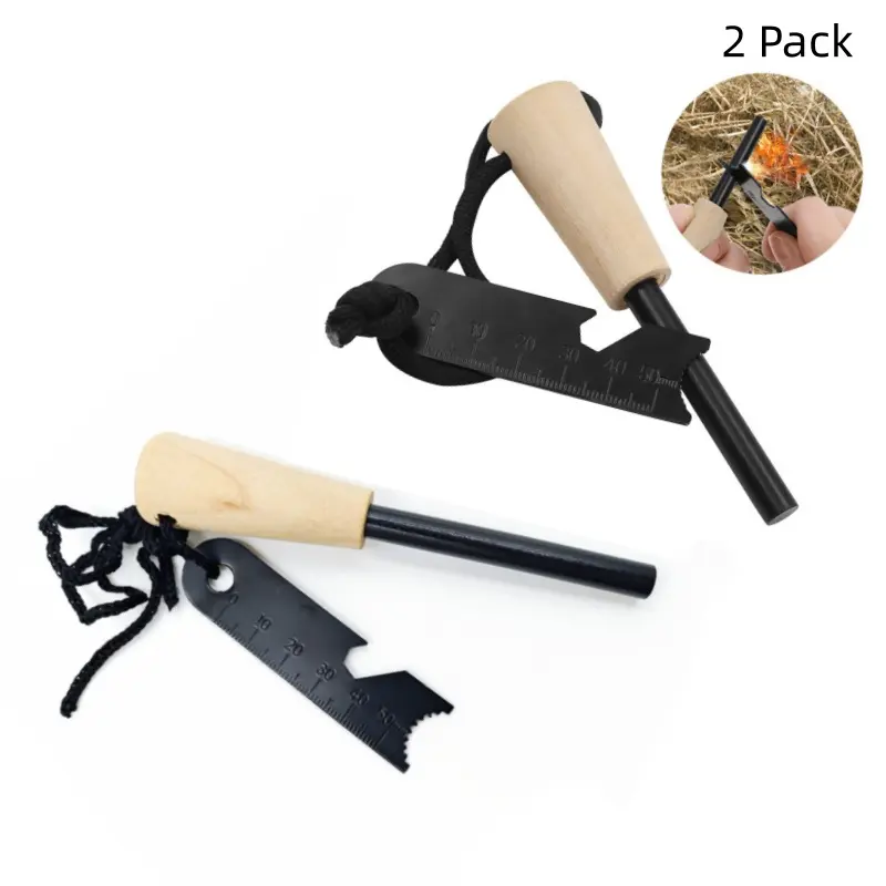 2‑Pack Ferro Rod Fire Starter with Handcrafted Wood Handle, Neck Lanyard & Multi‑Function Striker – All‑Weather Survival Igniter for Camping, Hiking, and Emergency