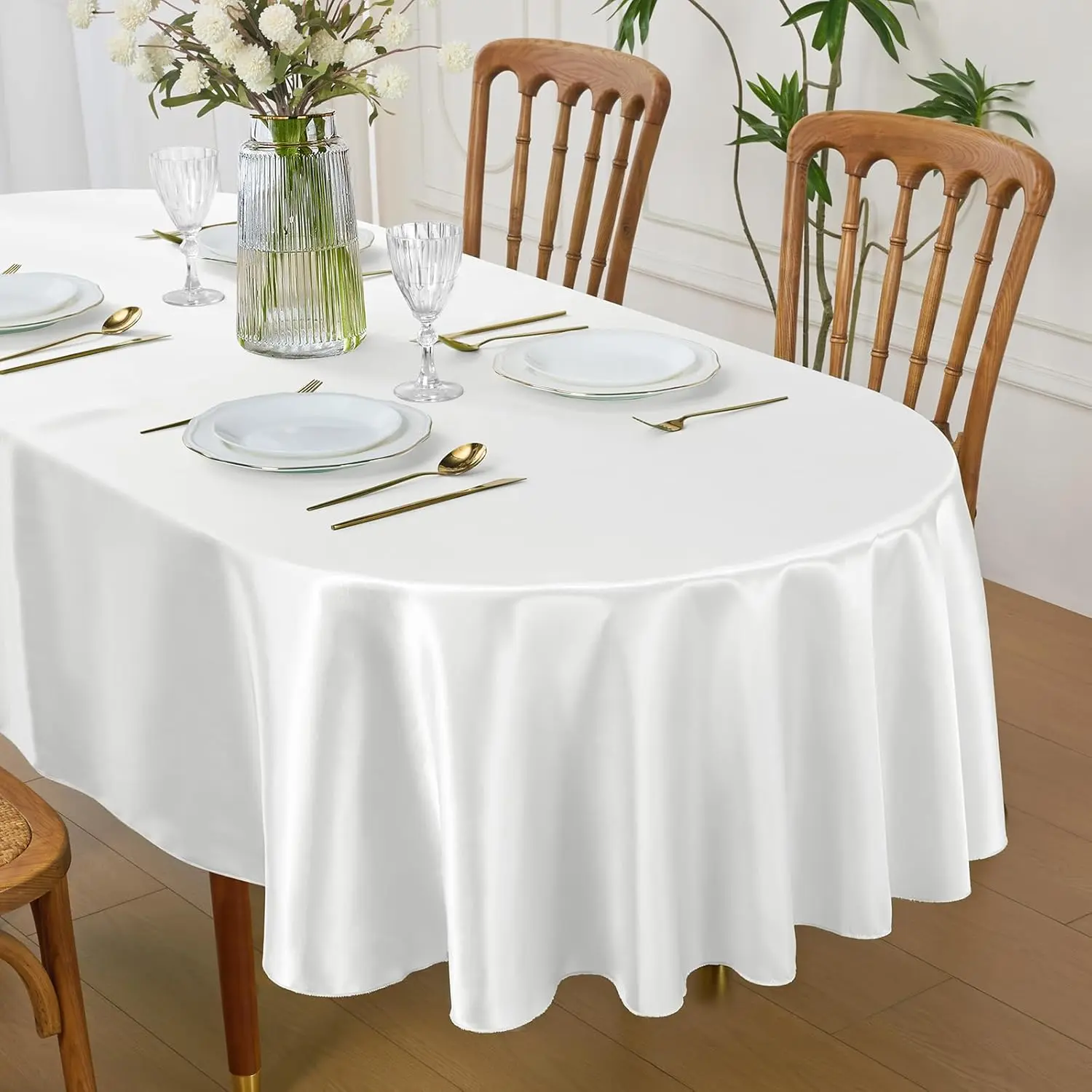 White Satin Oval Tablecloth 60 x 102 Inch for 8-10 Seats, Washable & Wrinkle Resistant Stain Resistant Fabric Table Cover for Wedding, Banquet, Party, Dining, Kitchen, Indoor Outdoor Use