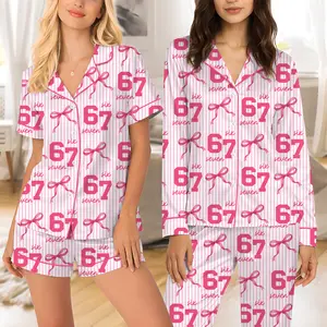 67 Meme Pajamas Set for Women, Coquette Valentine PJs, Women’s PJs Set, Sleepwear Set for Her, Pink Bow Six Seven PJs Couple Matching Pjs