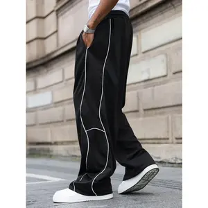 Y2K Irregular Piping Wide-Leg Pants | Black Streetwear Track Pants