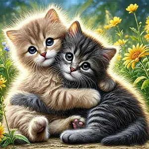 Cuddling Fluffy Tabby Kittens Wildflower Meadow Diamond Art Kit - 11.8"×11.8"