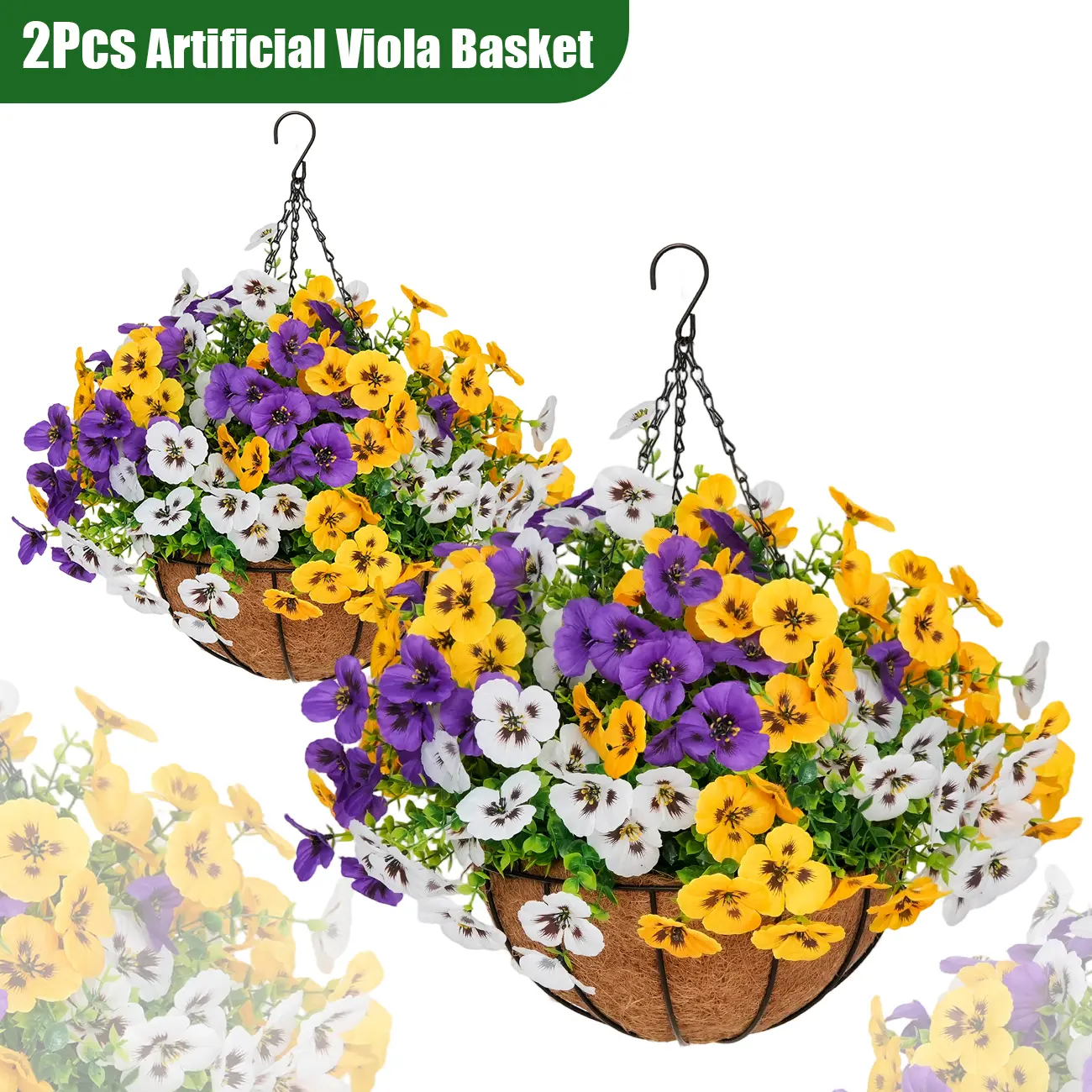 2Pcs UV-Resistant Outdoor Indoor Hanging Flower Baskets, Artificial Flowers for Outside, Pansy Hanging Planter, No-Fade Floral for Porch, Garden, Balcony & Fence Decor