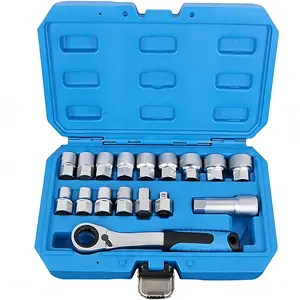 17-Piece Pass-Through Socket Set, 10-24mm Metric, with 3/8" & 1/2" Square Drive Adapters, Low Profile Hollow Ratchet for Long Studs, CR-V Steel Automotive & Mechanical Repair Kit with Case
