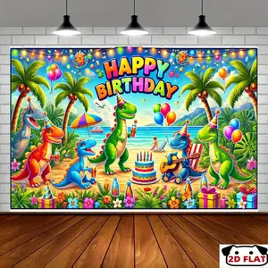 2D Flat Banner 1pc, Dinosaur Birthday Party Banner -   Decorative Backdrop Room, Studio, Home, Garden, Outdoor Celebrations - Multifunctional Holiday Party Decoration Colorful Balloons, Cake, T - Rex Guests,