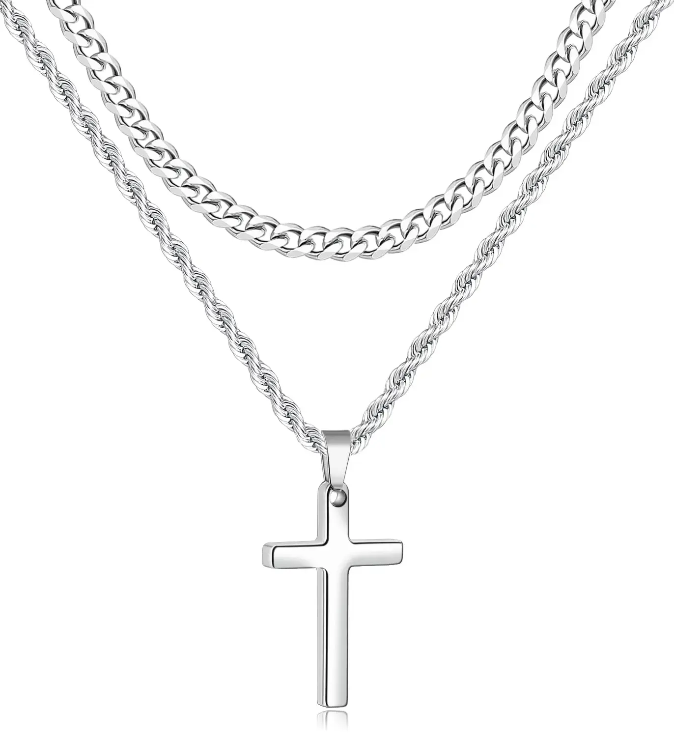 Silver Cross Pendant Necklace with Double-Chain Design for Men, Women - Fashion Costume Jewelry Accessory