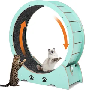 Wooden Cat Exercise Wheel, Indoor Cat Running Treadmill with Low Noise Carpeted Runway, Removable Carpet Cat Wheel for Kitty Running Walking Training