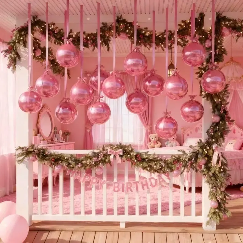 14-Piece Pink Round Aluminum Foil 4d Metallic Balloon Set With Pink Satin Ribbon, For Ceiling Christmas Decorations, New Year'S, Birthday, Wedding Party Decorations, Party Balloons Decorations, Balloon Arch Decoration, Balloon Garland