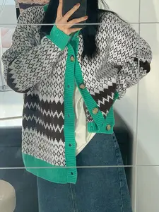 New Autumn and Winter Women's Versatile Argyle Sweater Coat, Loose Retro Color-Block Jacquard Knitted Cardigan