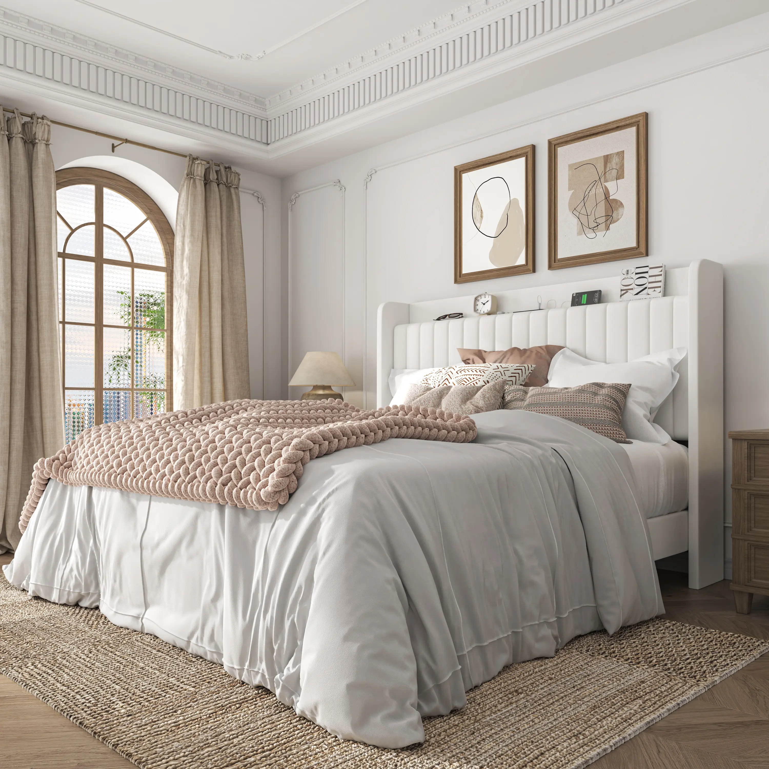 Frostbloom Bed Frame with Advanced Charging Hubs & Storage Shelf, Upholstered Wingback Headboard