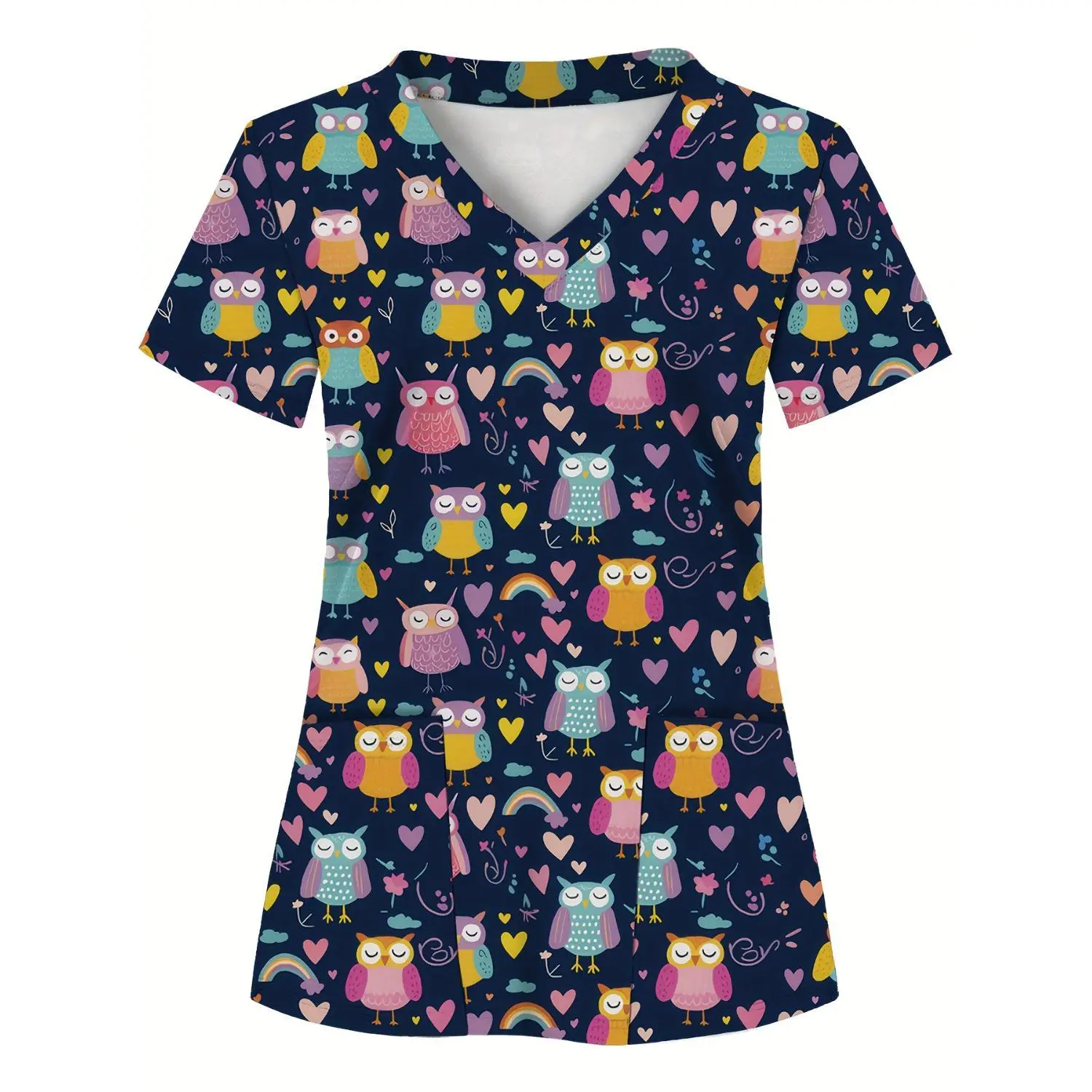 Women's All Over Print Scrub Top with White Background and 2 Pockets - Professional Nursing, Doctor, and Healthcare Uniform