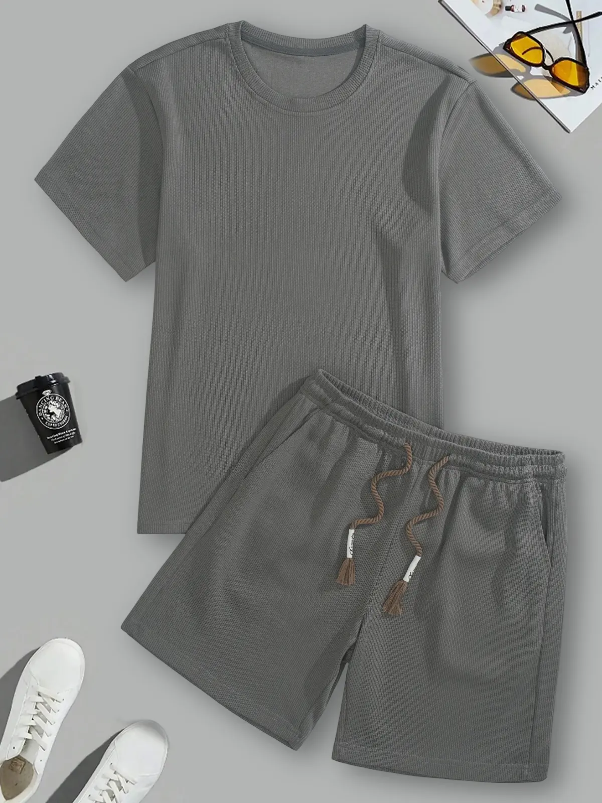 Men's Casual Waffle Knit Lounge Set, Lightweight Summer Loungewear with a Short Sleeve Tee and Drawstring Shorts, Menswear, Shortsleeve, Round Neck, Lounge Shorts & Top Sets