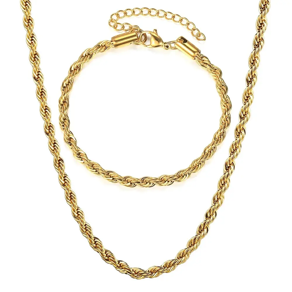Chic 3/5mm Twisted Rope Chain Bracelets Necklaces For Men Women Stainless Steel Rope Link Chains Necklace Fashion Jewelry Set Bracelet Length:7+2inch Extension Link