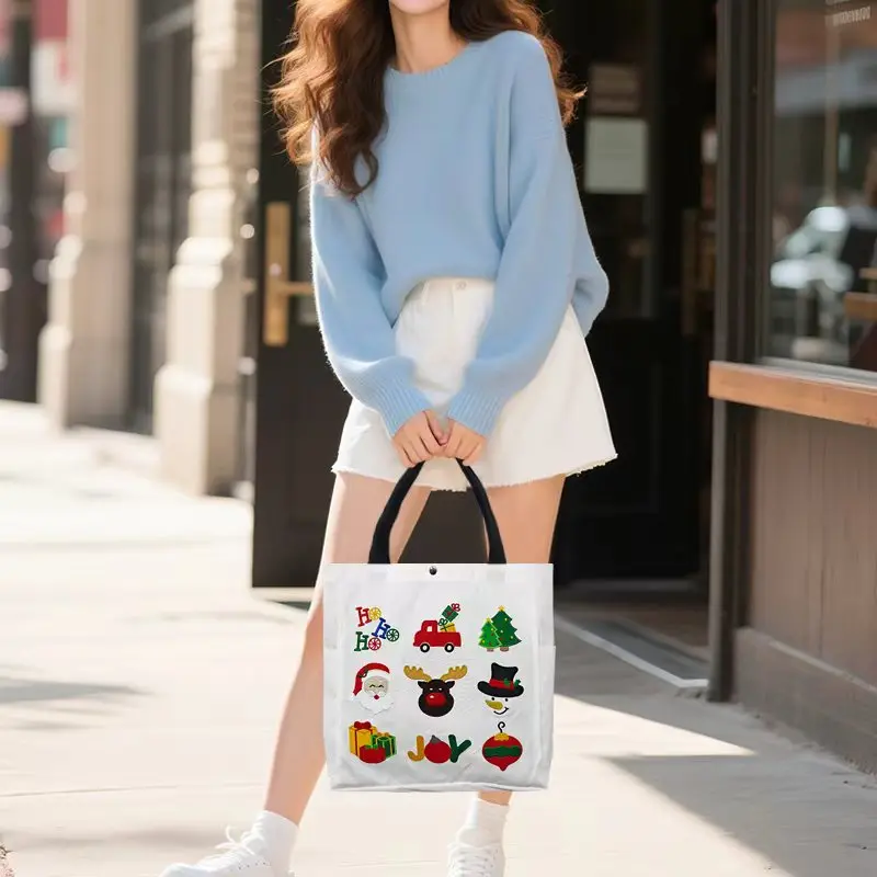 Christmas Gift Bags Cartoon Santa Claus Elk Christmas Tree Tote Canvas Bag Large Capacity Holiday Shopping Bag Happy New Year