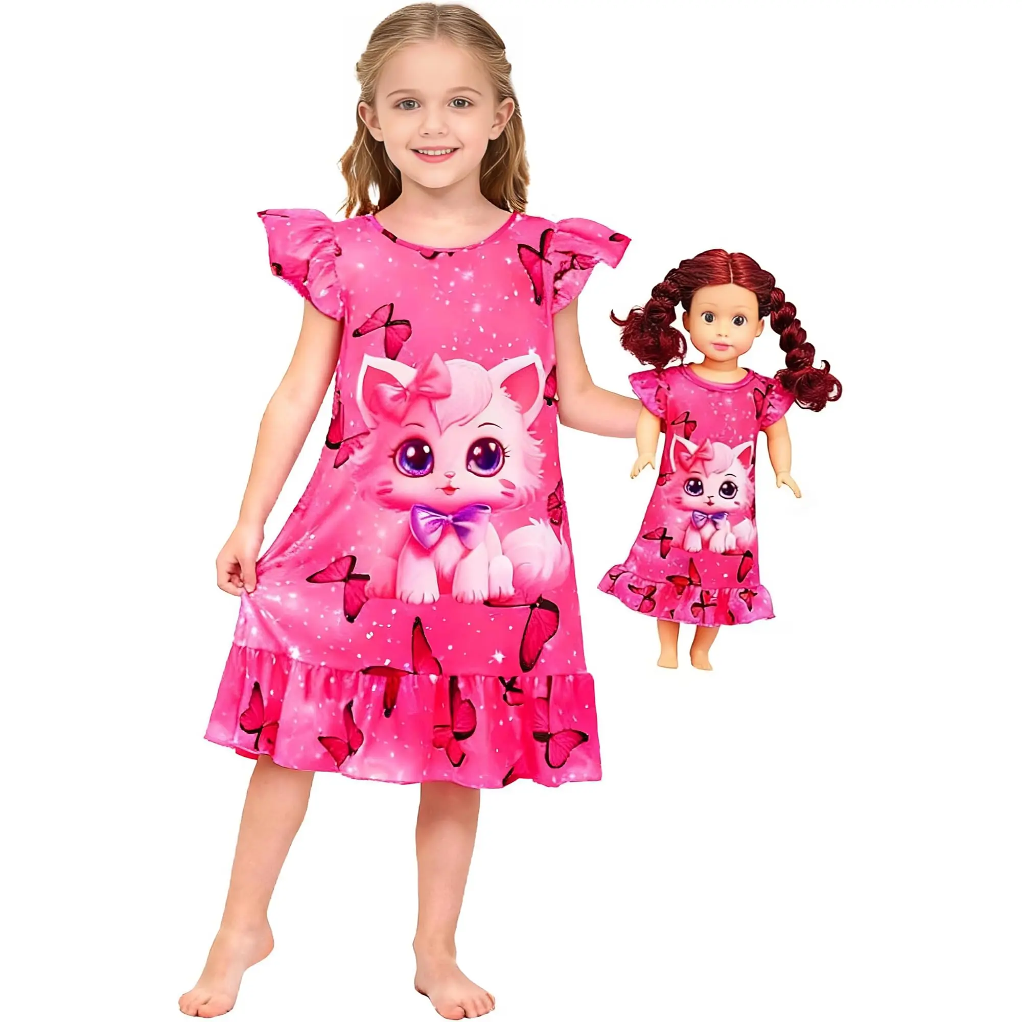 TPHON Girls' & 18-in Matching Nightgown Set - Doll Outfit, Dress Up Doll Sleepwear for Kids