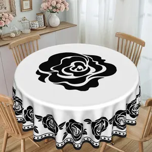 1pc Vintage Art Black & White Rose Print Round Tablecloth for Kitchen & Dining — 120g/m² Twill Polyester Material — Furniture Protective Cover, Party & Gathering Decor, Tabletop Ambiance Accent — Suitable for Hotels, Restaurants, Banquets, Homes, and Vari