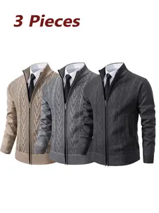 3-Pack Men's Stand Collar Zip Knit Sweaters, Anti-Pilling Fabric, Warm & Comfortable, Classic Houndstooth Design, Fall Winter Casual Wear