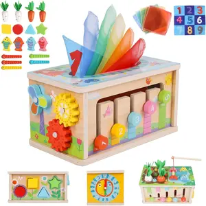 6-in-1 Montessori Tissue Box Toy for 6+ Months Baby, Wooden Activity Cube, Puzzles 12-18 Months, Perfect 1 Year Old Girl Boy Gifts, Sensory Toys for Toddlers 1-3, Baby 1st Birthday Gift