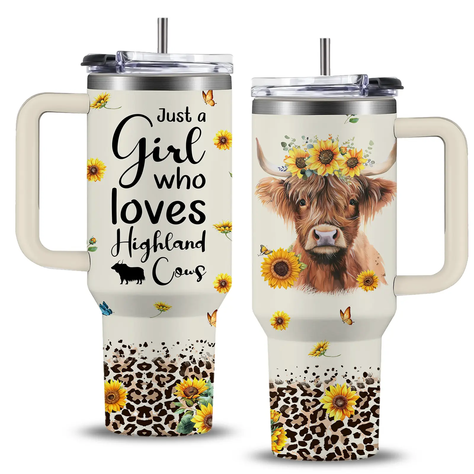 40oz Highland Cow Portable Stainless Steel Insulated Vacuum Flask - Sturdy, Leakproof Drink Tumbler with Transparent Straw, Handle, Lid, Casual Rustic Farm Animal Design for Adults, Birthday Gift, Animals, Straw For Sipping, Highland Cow & Yak Charm, Hot
