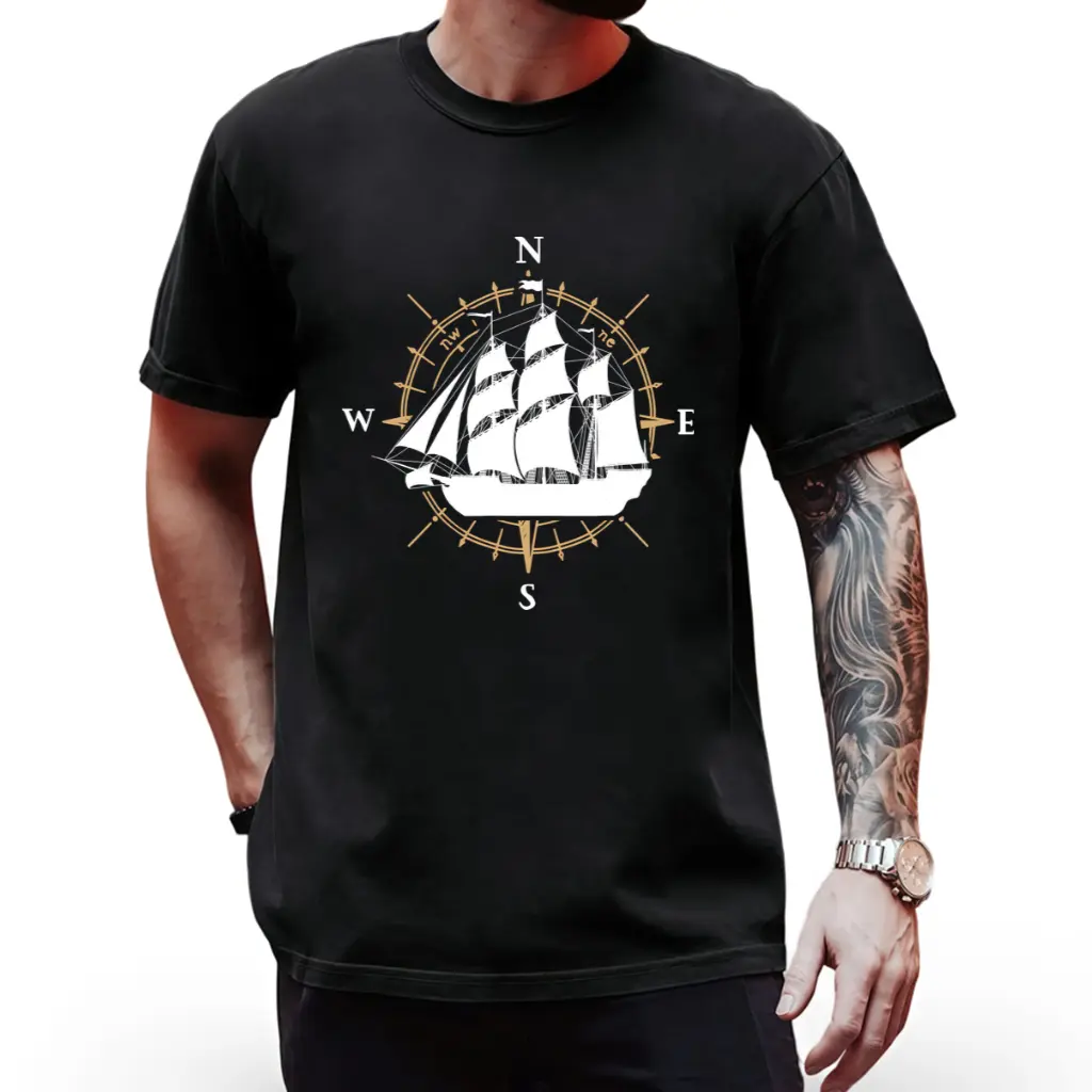 Retro Nautical T-Shirt with Compass & Sailing Ship - Vintage Maritime Graphic Tee, Round Neck Casual Sailor Shirt Suitable for - Wear, Machine Washable Apparel for Sailing Enthusiasts